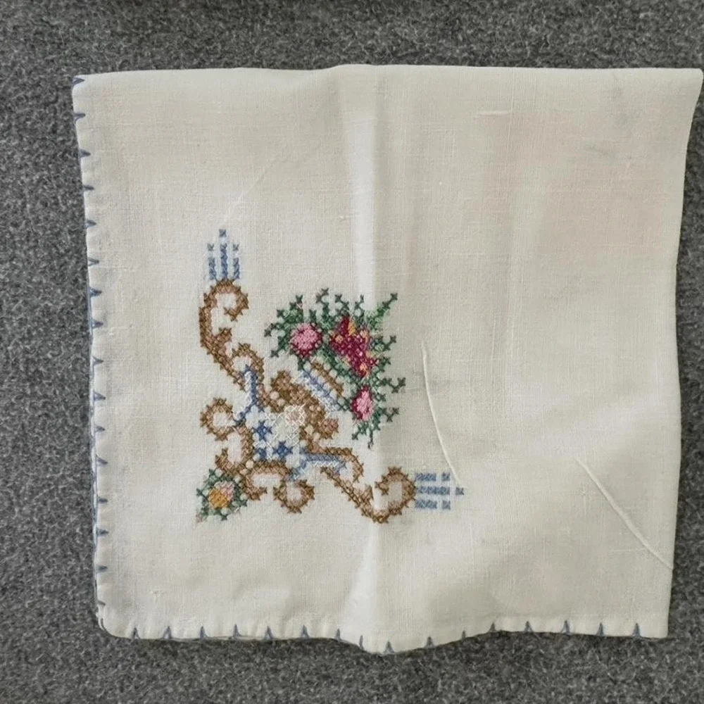 Vintage Embroidered Linen Napkins Set Floral Cross‎ Stitch Trim 12